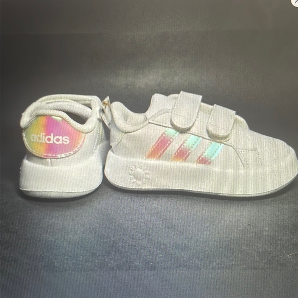 Adidas Kids White Sneakers with Rainbow Stripes